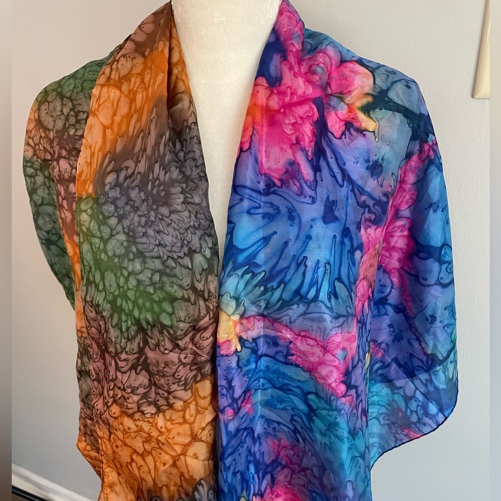 🧣 2 100% Pure Silk Scarves w/Hand Rolled Edges. Multicolored. 🧣